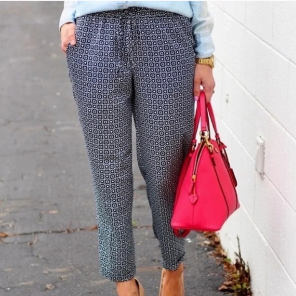 J.Crew Navy Blue Geometric Print Drawstring Pants Relaxed Pull-on Cuffed A3796